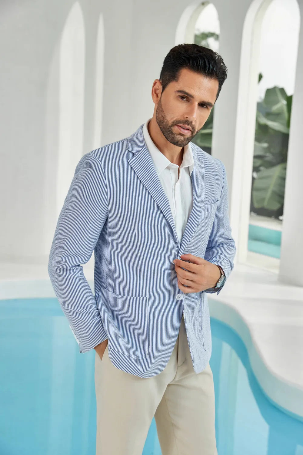 Blue-white seersucker striped men's summer blazer side display