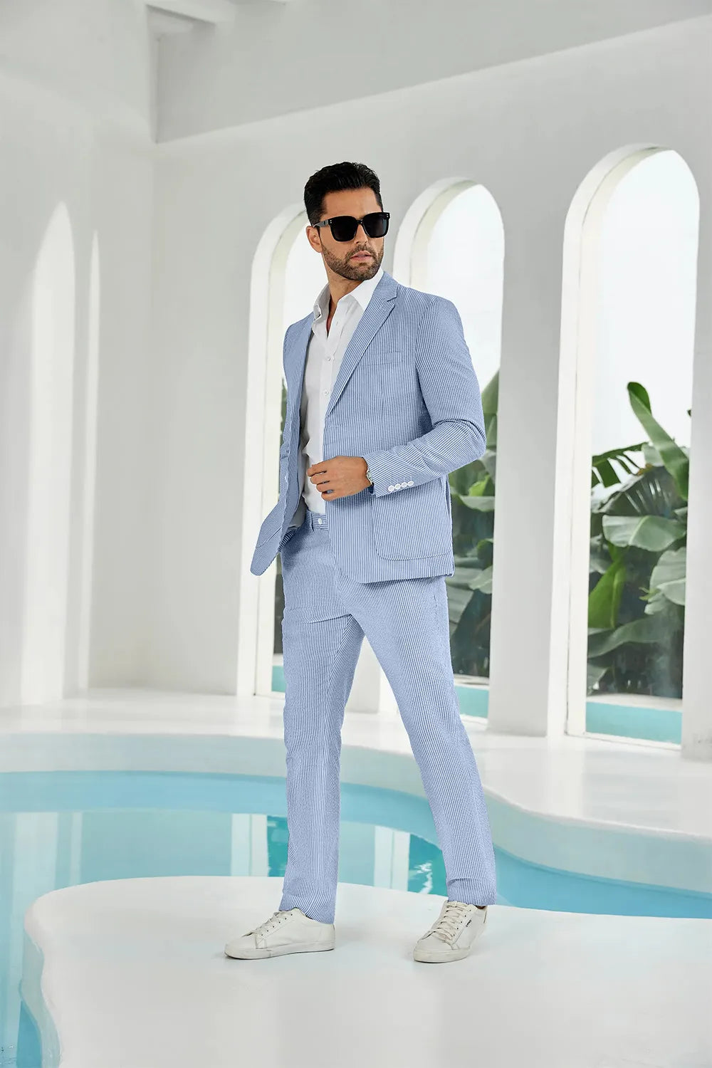 Blue-white seersucker striped blazer pants 2 piece men's summer suit upgrade version side display