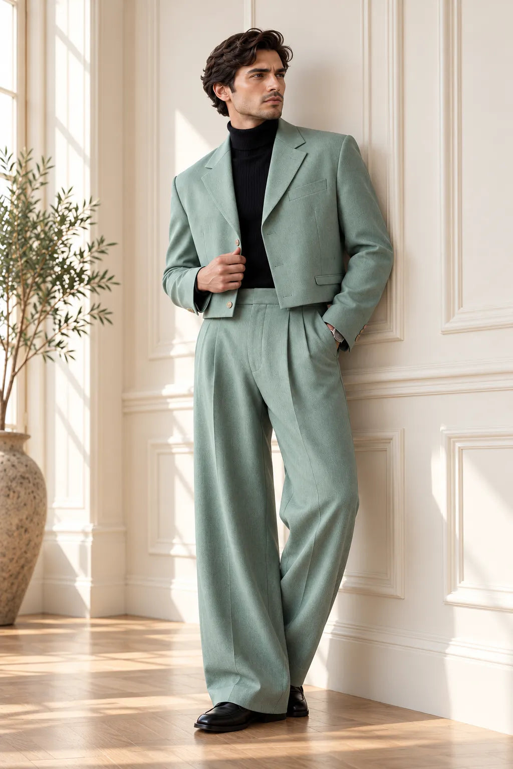 Men's Sage Green Cropped Blazer Wide Leg 2 Piece Suit