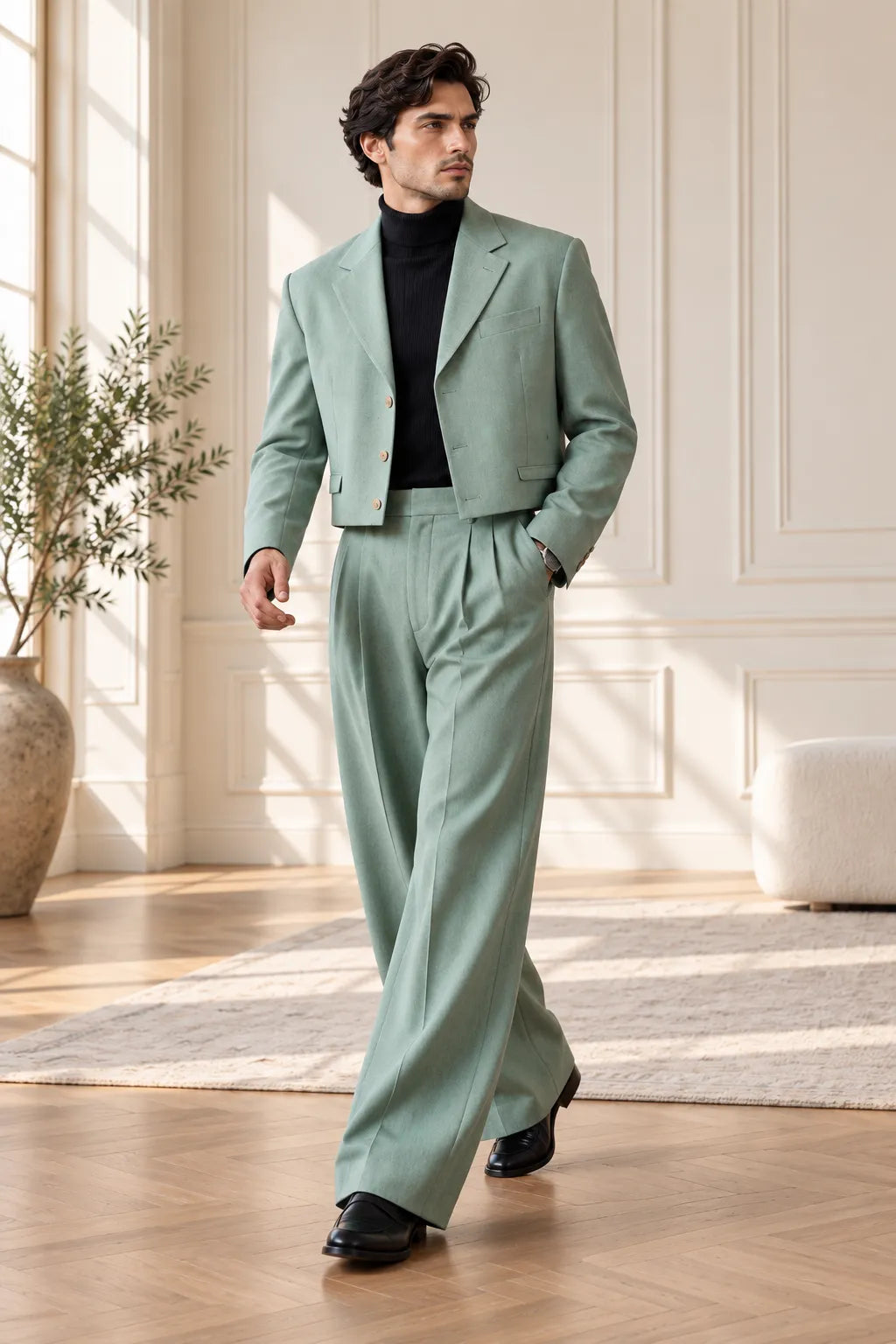 Men's Sage Green Cropped Blazer Wide Leg 2 Piece Suit