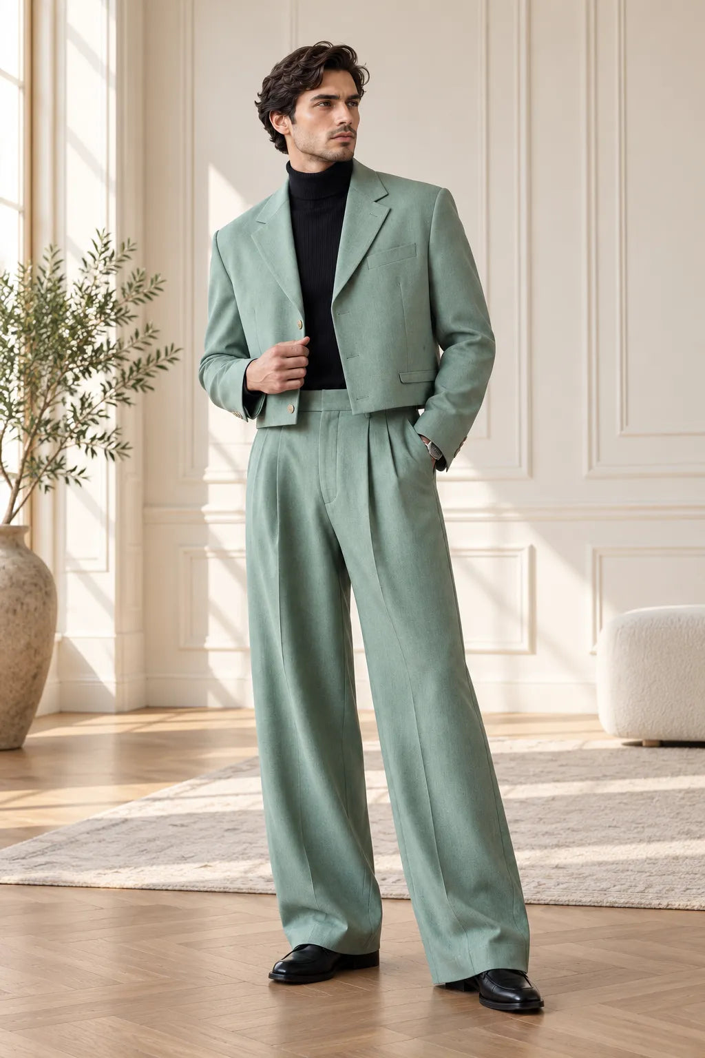 Men's Sage Green Cropped Blazer Wide Leg 2 Piece Suit