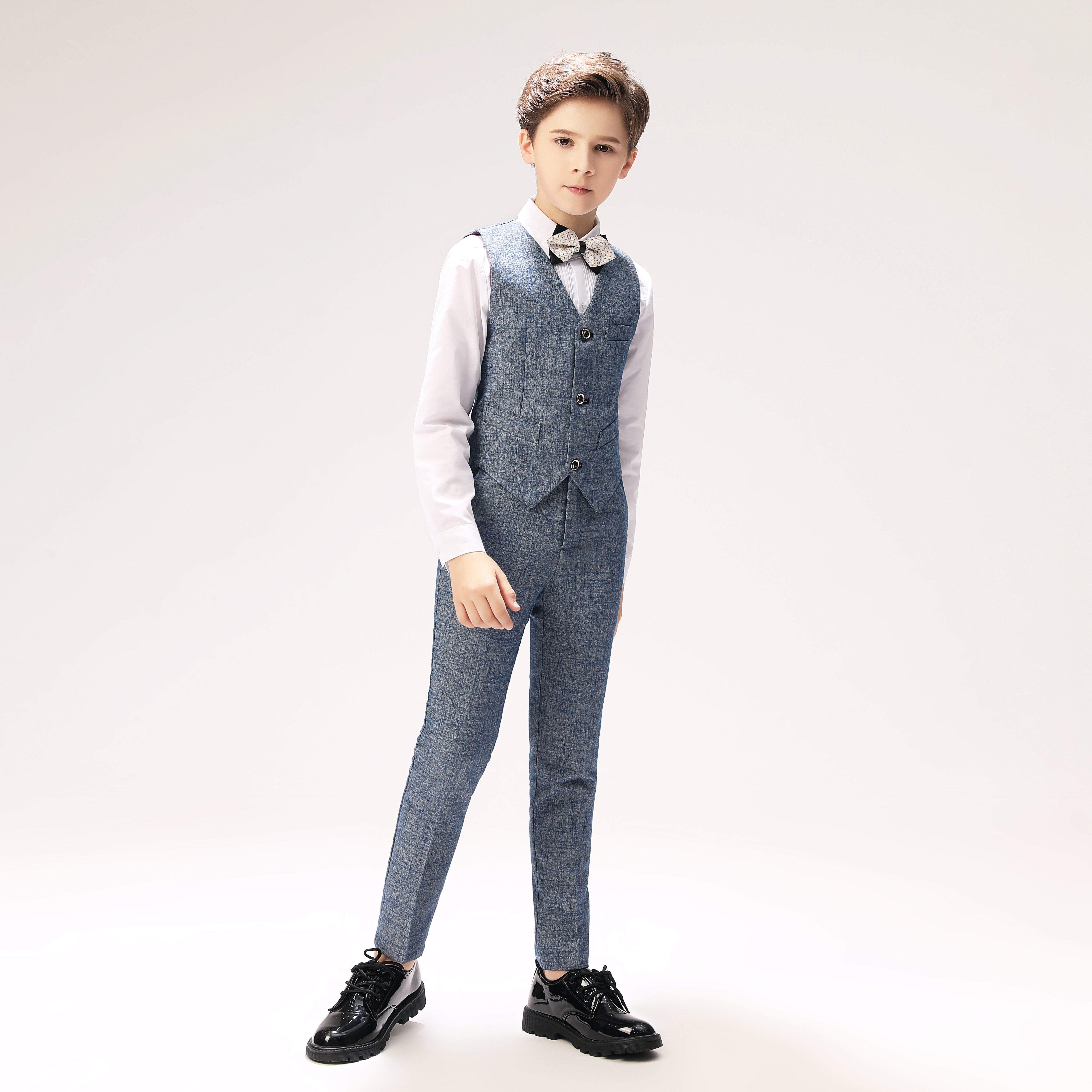 Gray boys' vest & pants with bow tie - formal prom outfit, textured check design