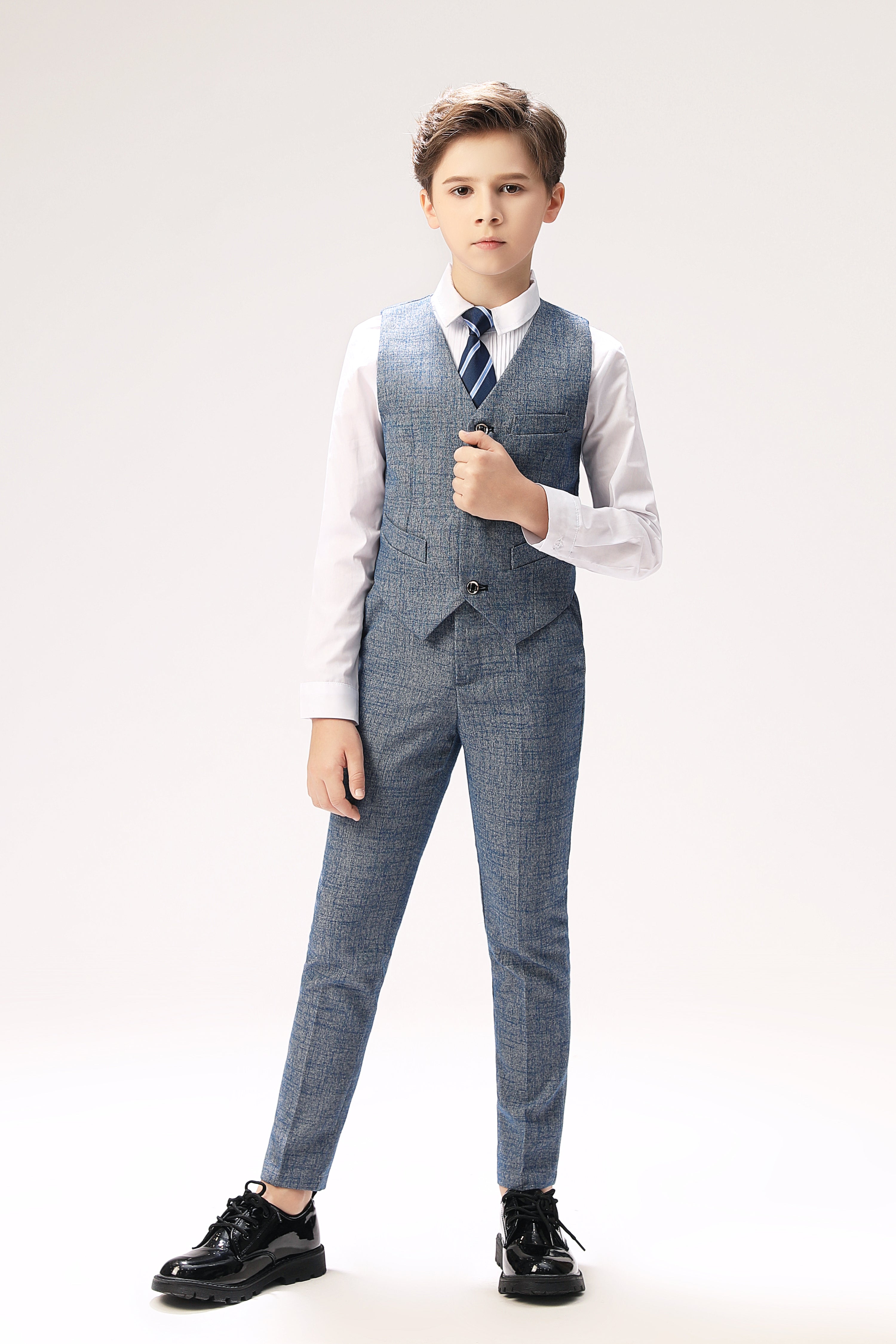 Gray boys' checked vest & pants set - formal prom outfit with blue striped tie