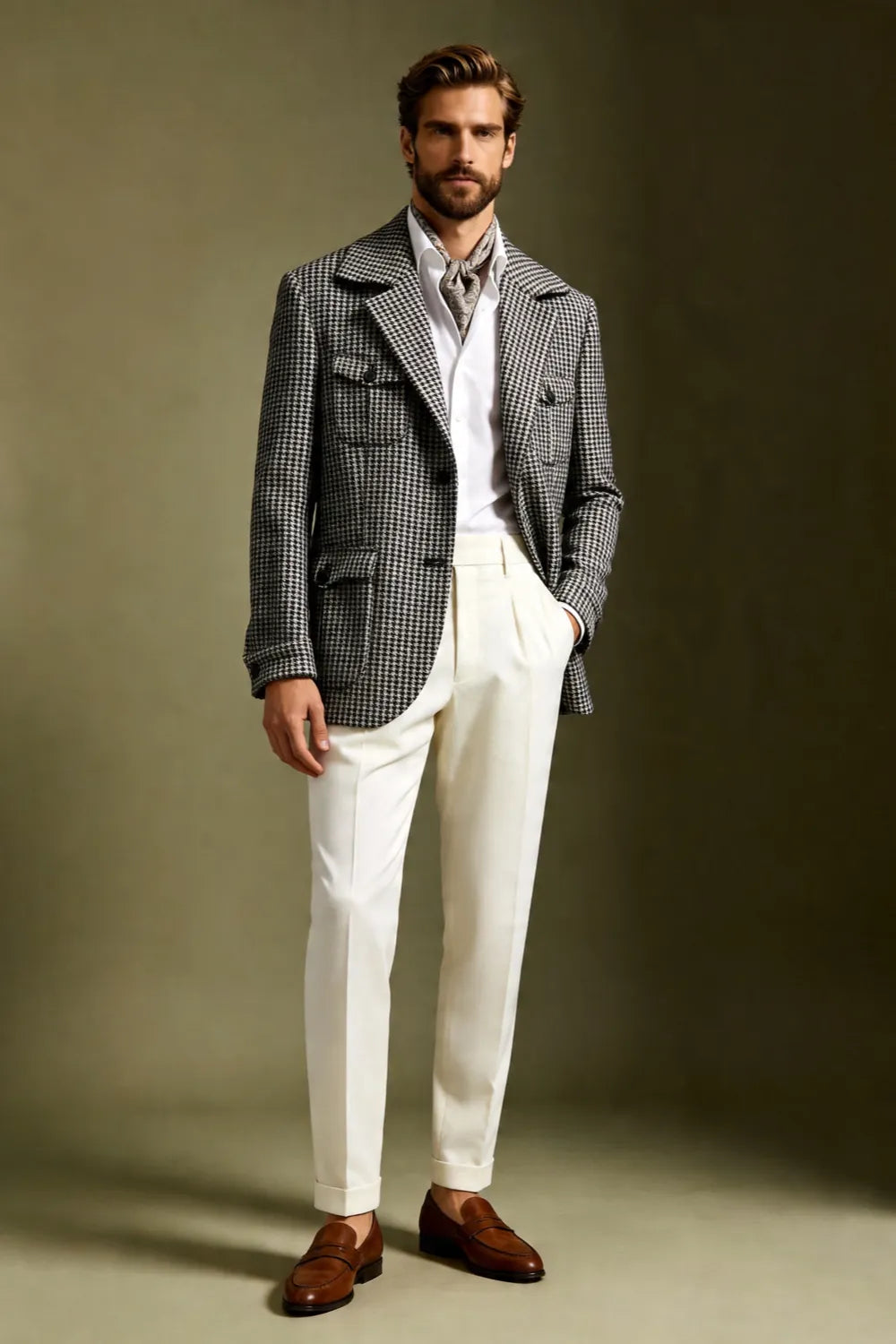 Men's Black And White Houndstooth Wide Lapel 2 Piece Suit