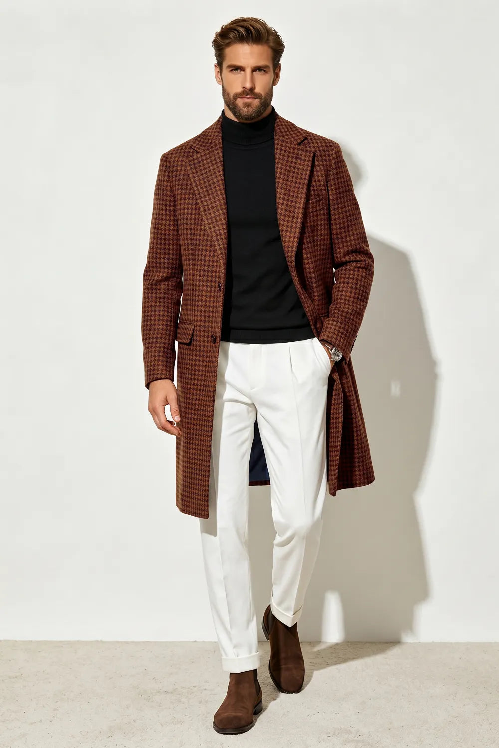 Men's Brown Mid-Length Houndstooth Dress Coat
