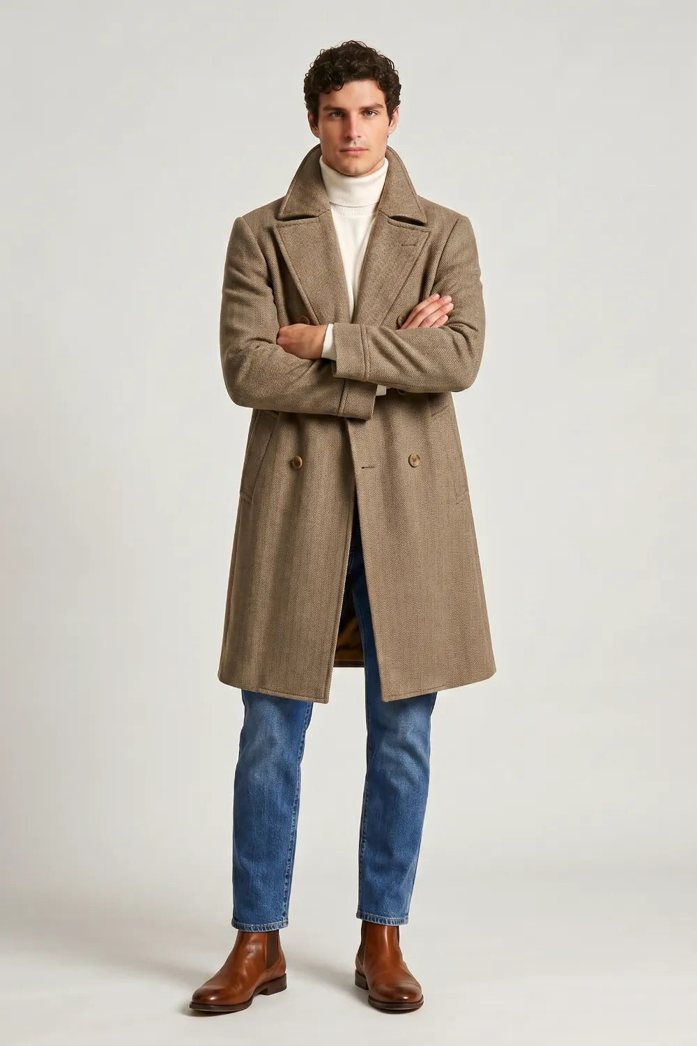 Men's Khaki Herringbone Wool Blend Wide Lapel Overcoat