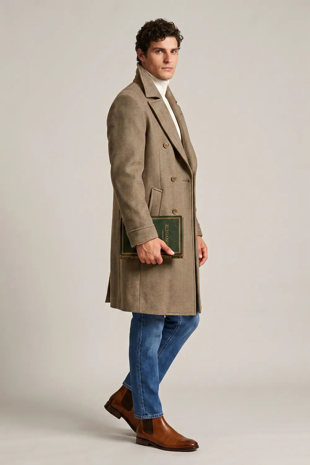 Men's Khaki Herringbone Wool Blend Wide Lapel Overcoat