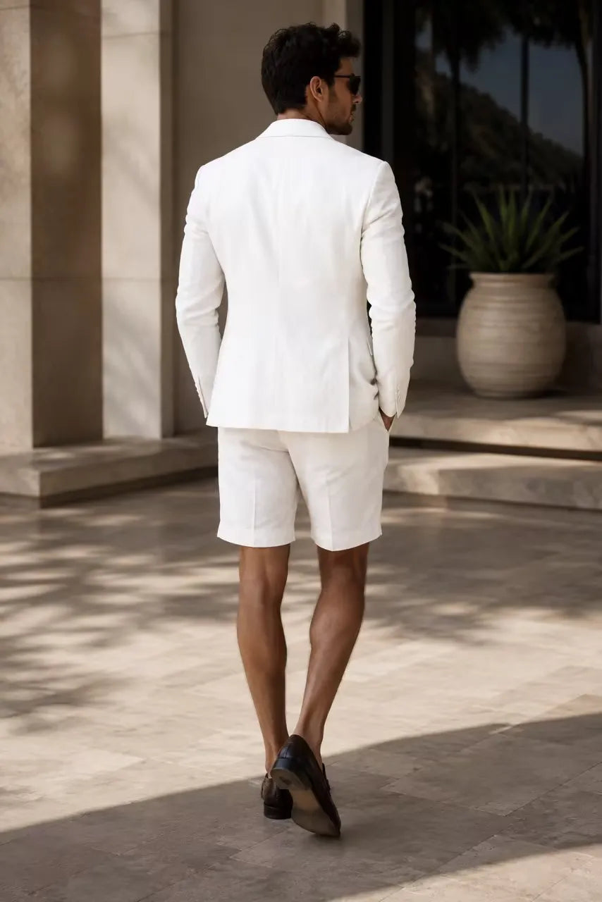 Men's Linen Double-Breasted Shorts 2 Piece Suit