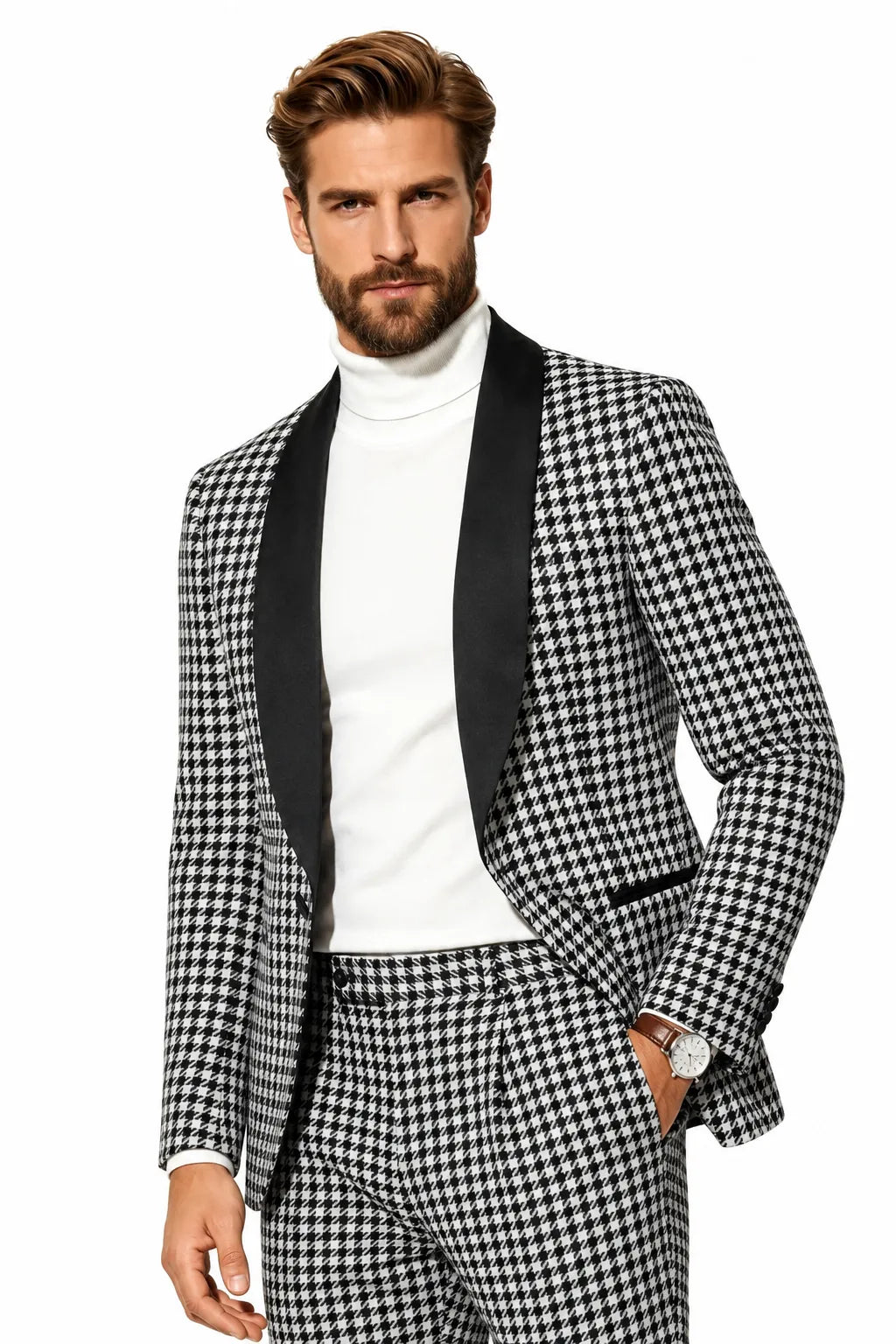 Men's Black and White Houndstooth Tuxedo 2 Piece Suit