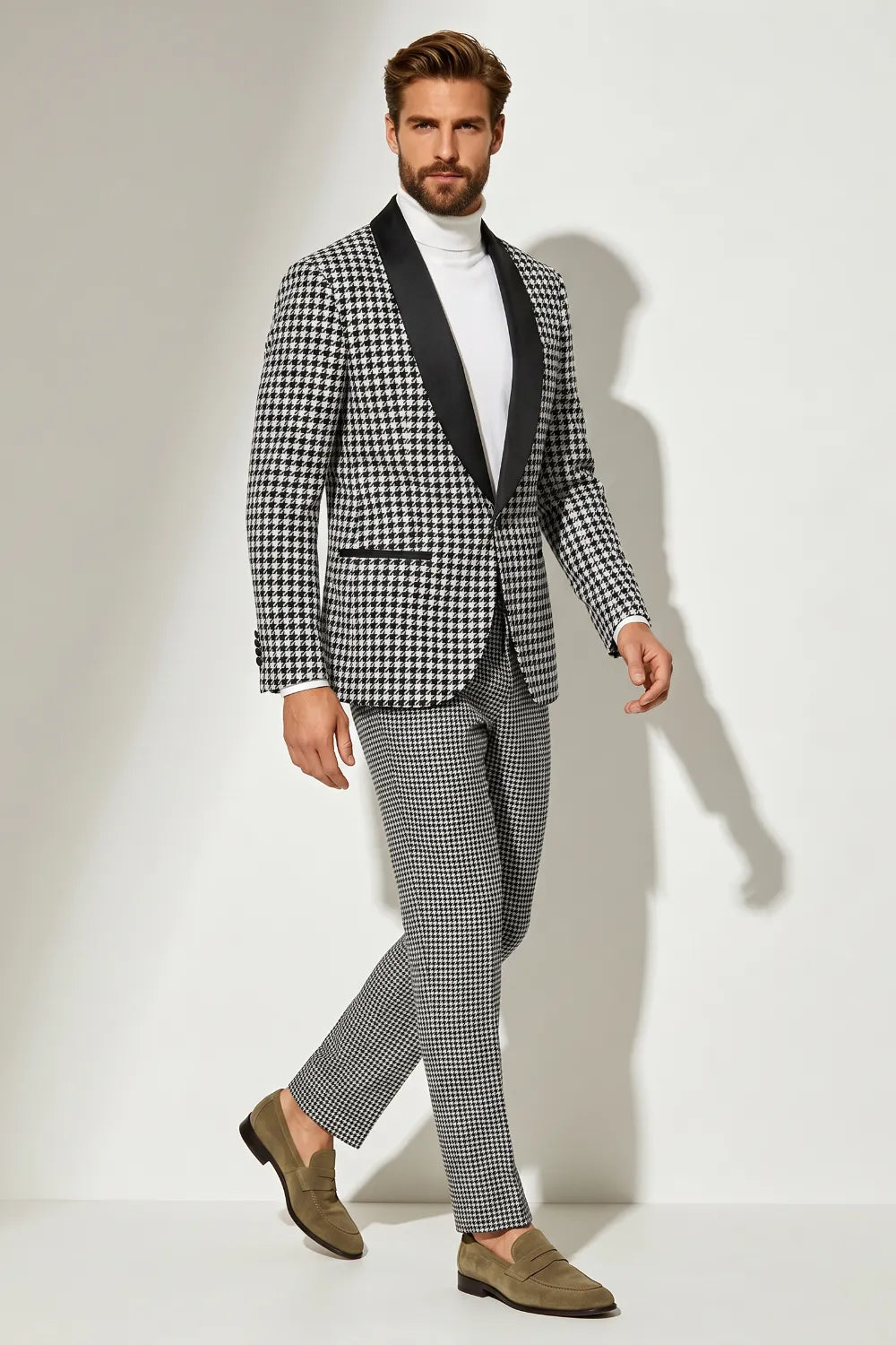 Men's Black and White Houndstooth Tuxedo 2 Piece Suit