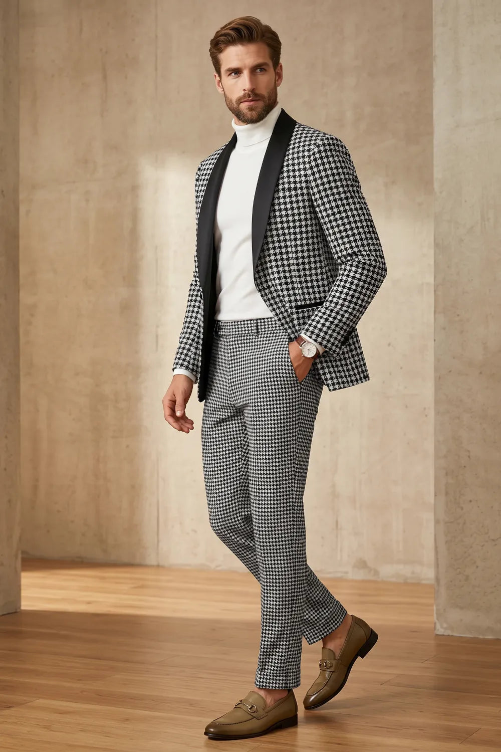 Men's Black and White Houndstooth Tuxedo 2 Piece Suit