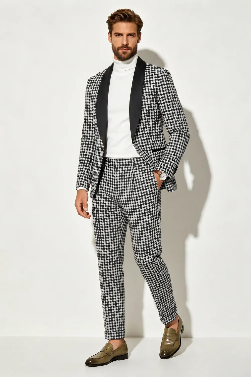 Men's Black and White Houndstooth Tuxedo 2 Piece Suit