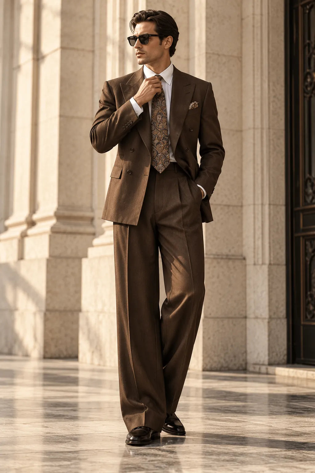 Men's Brown Double Breasted Wide Leg 2 Piece Suit