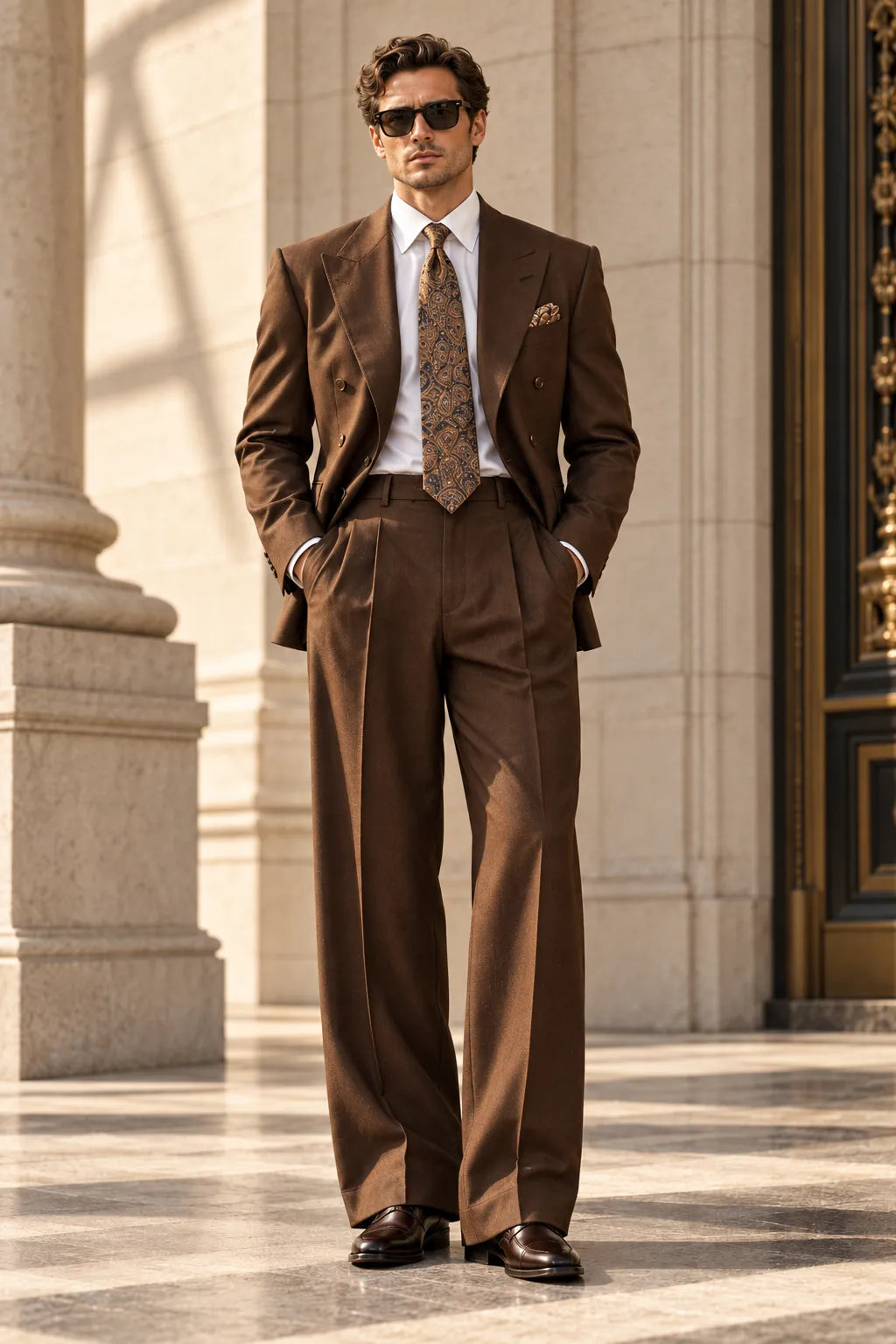 Men's Brown Double Breasted Wide Leg 2 Piece Suit