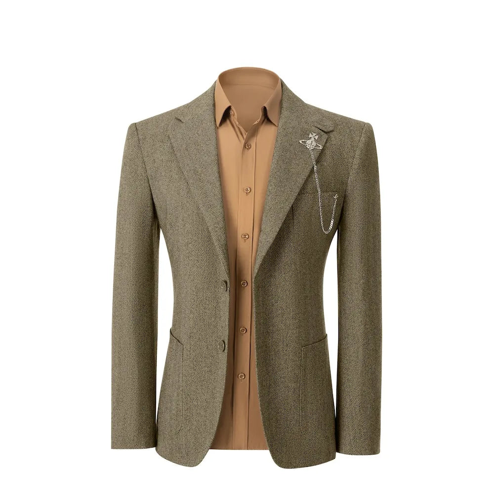 front view of brown herringbone wool 2 piece suit blazer – showcasing classic business fit with winter tailoring