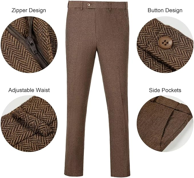 Brown herringbone men's pants with zipper fly, adjustable waist, and side pockets