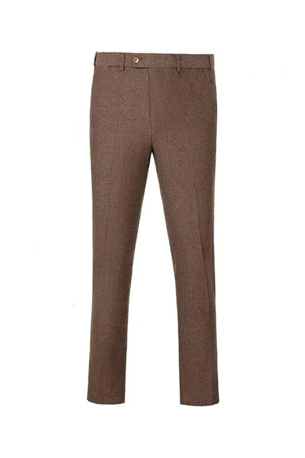 Retro slim fit brown herringbone groom pants with clean front design