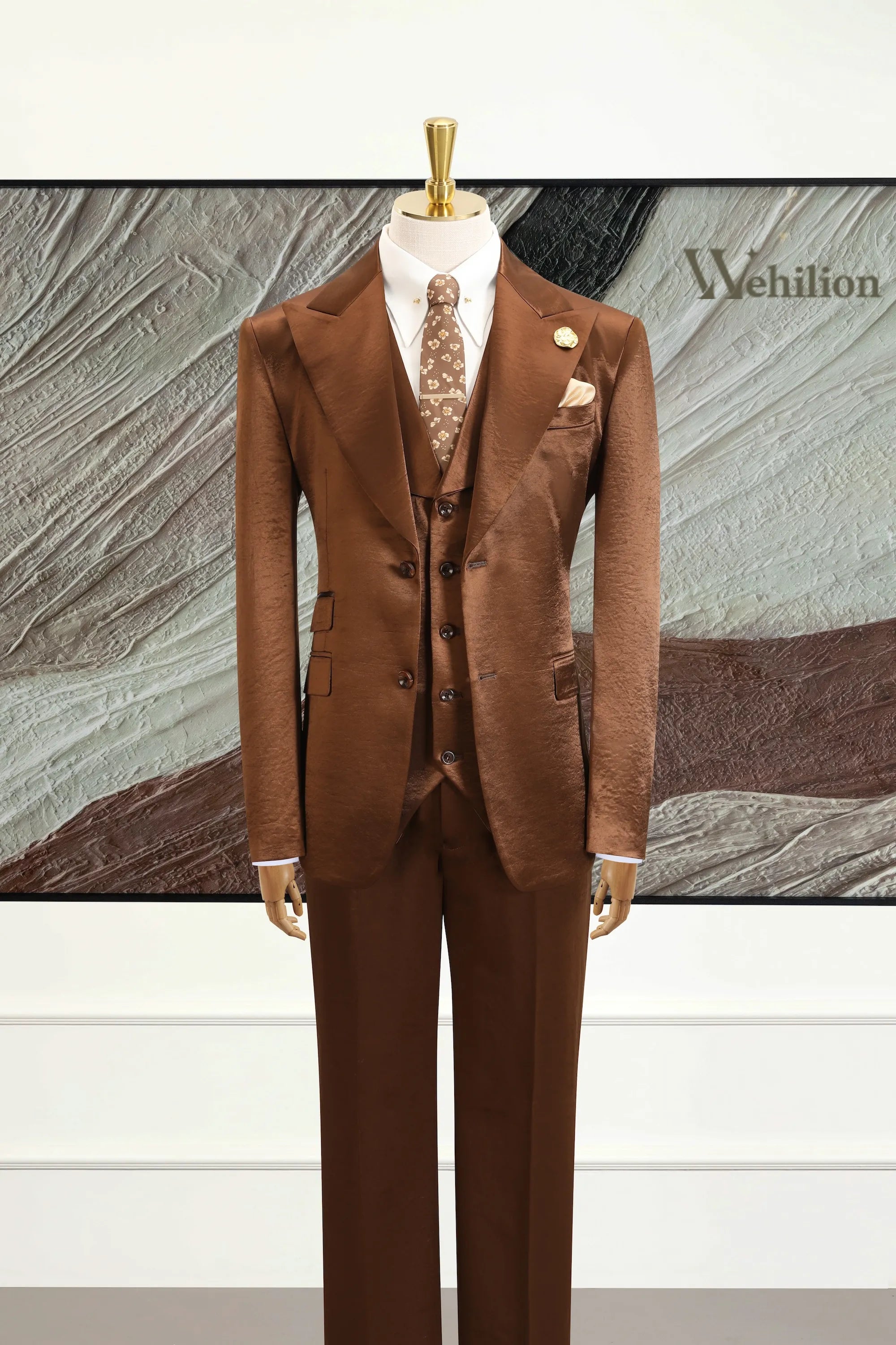 Men's Premium Brown Satin 3 Piece Suits