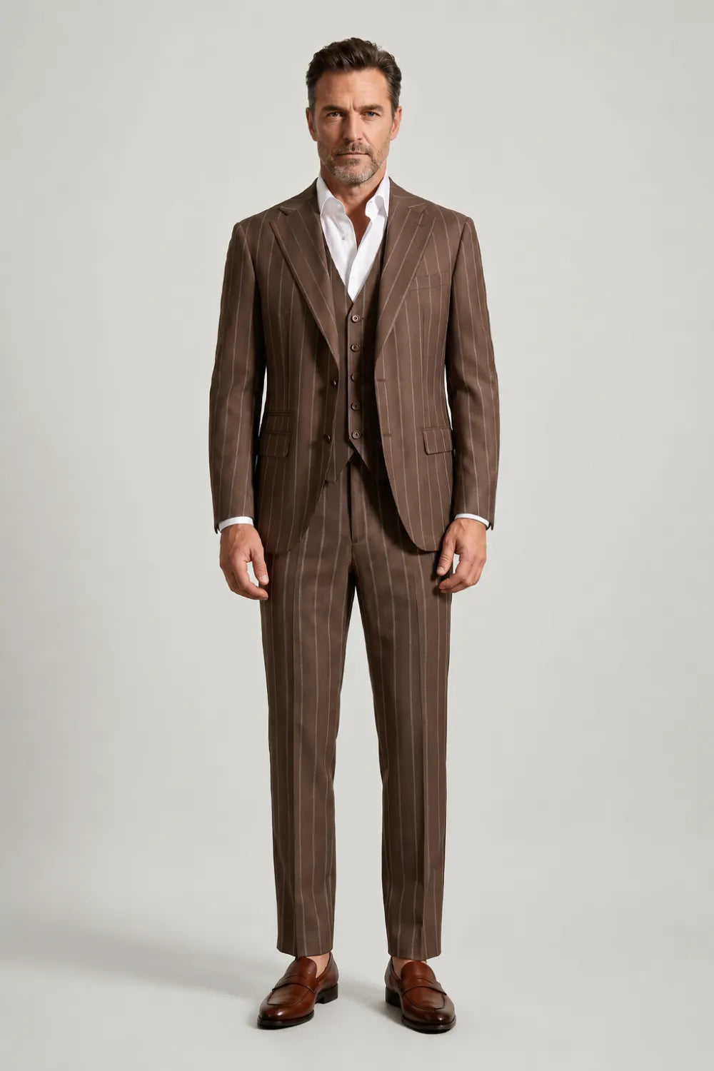 Men's Brown Pinstripe Single Breasted 3 Piece Suit