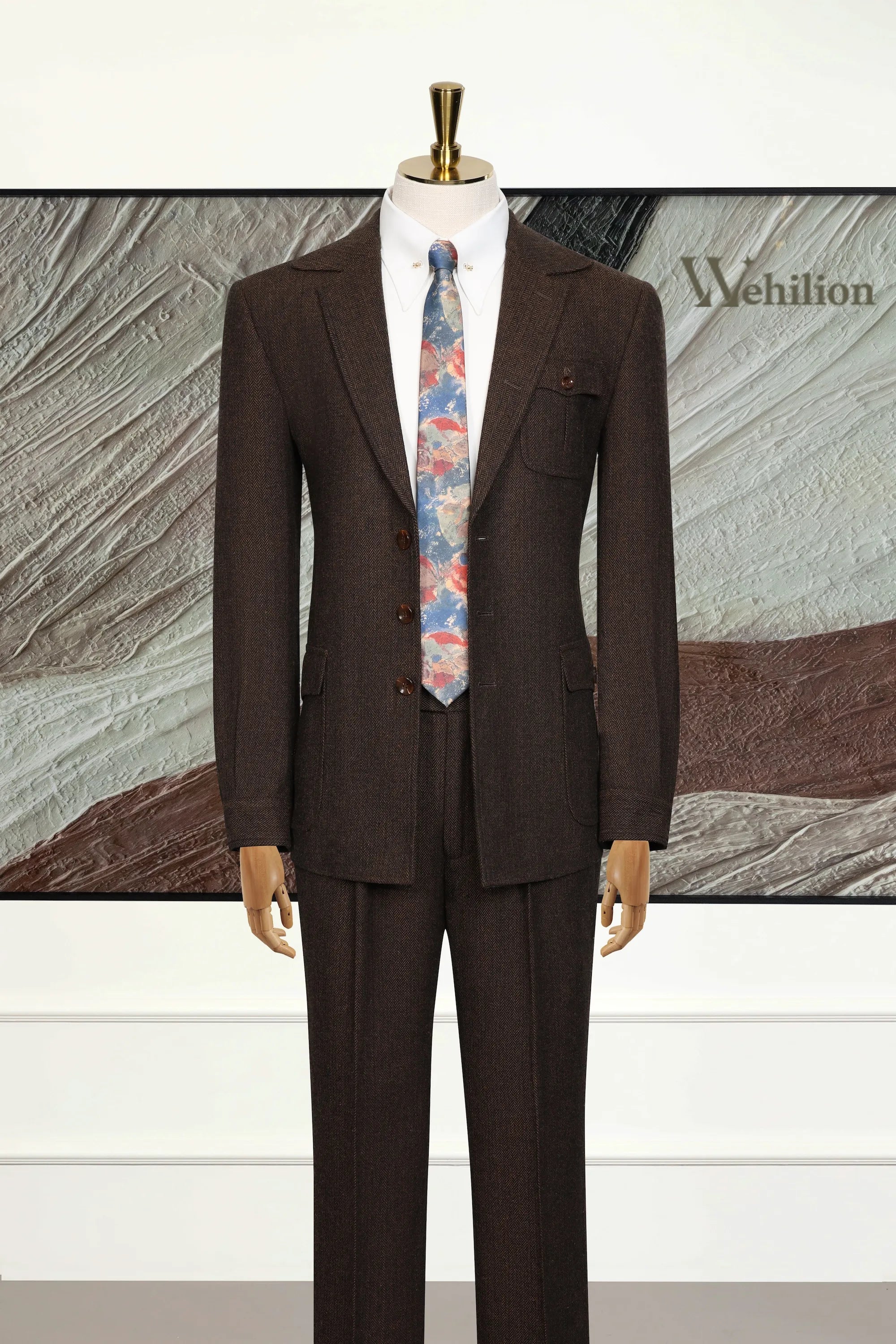 Men's Brown Wool Herringbone 2 Piece Suits