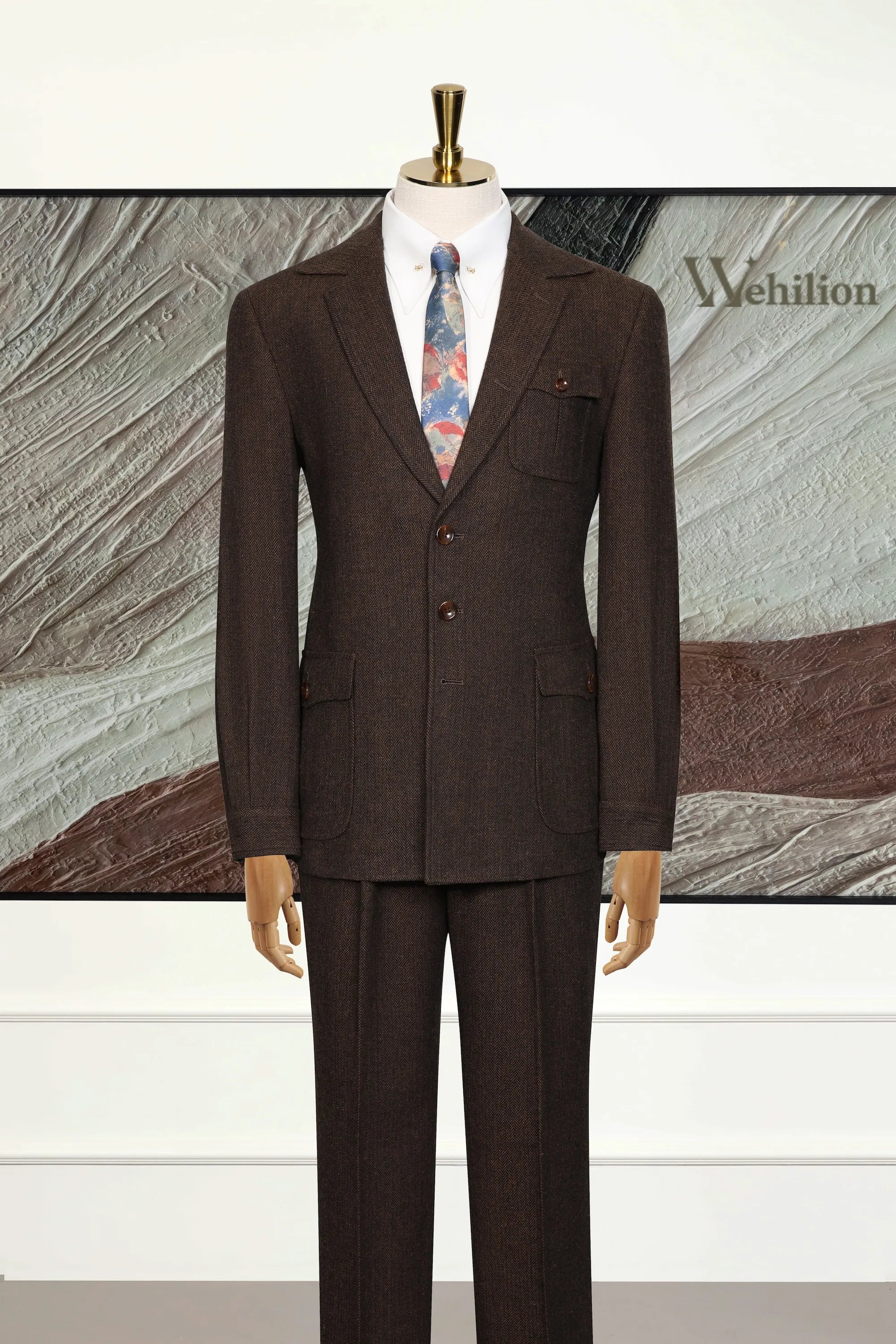 Men's Brown Wool Herringbone 2 Piece Suits