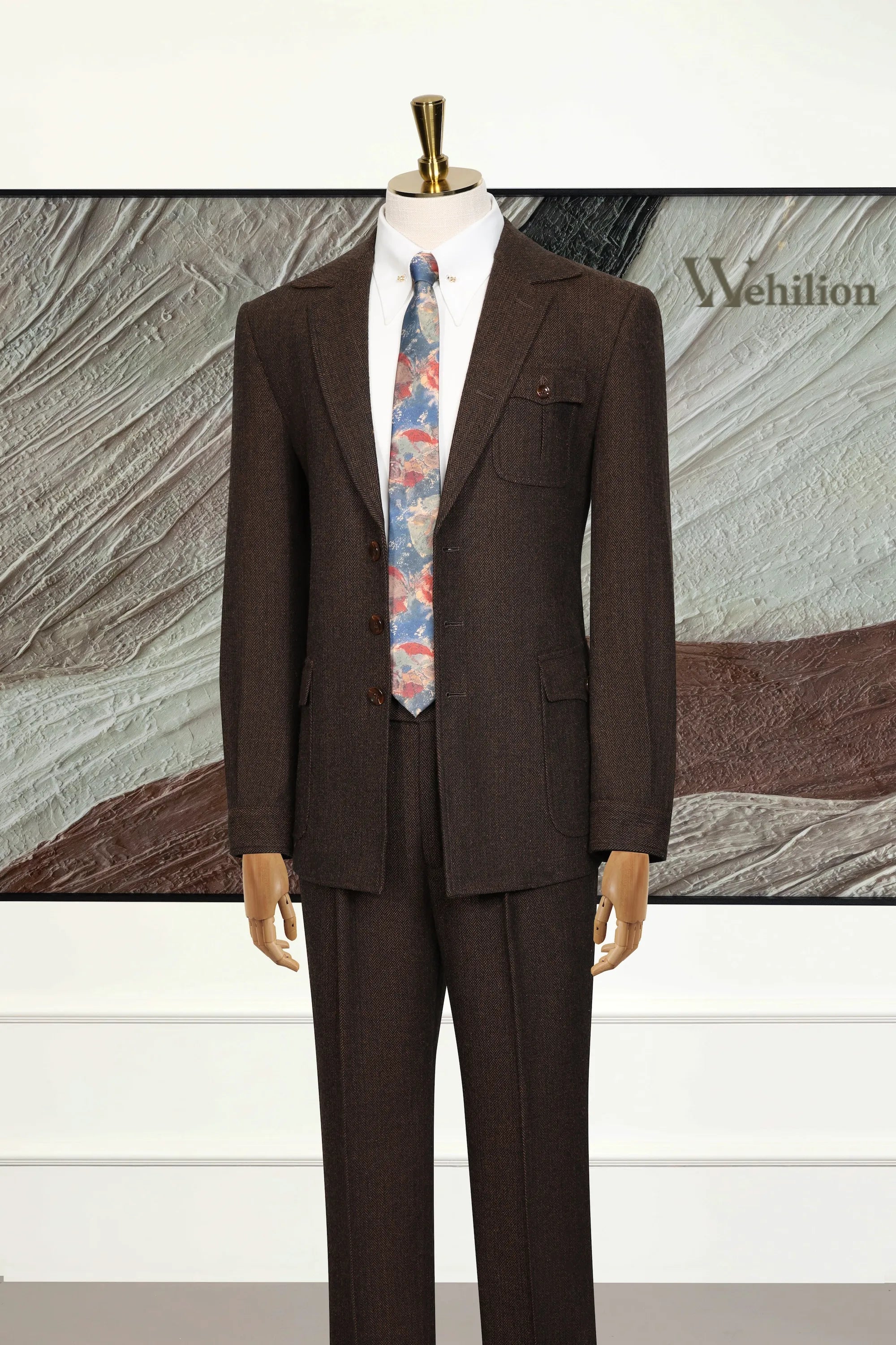 Men's Brown Wool Herringbone 2 Piece Suits