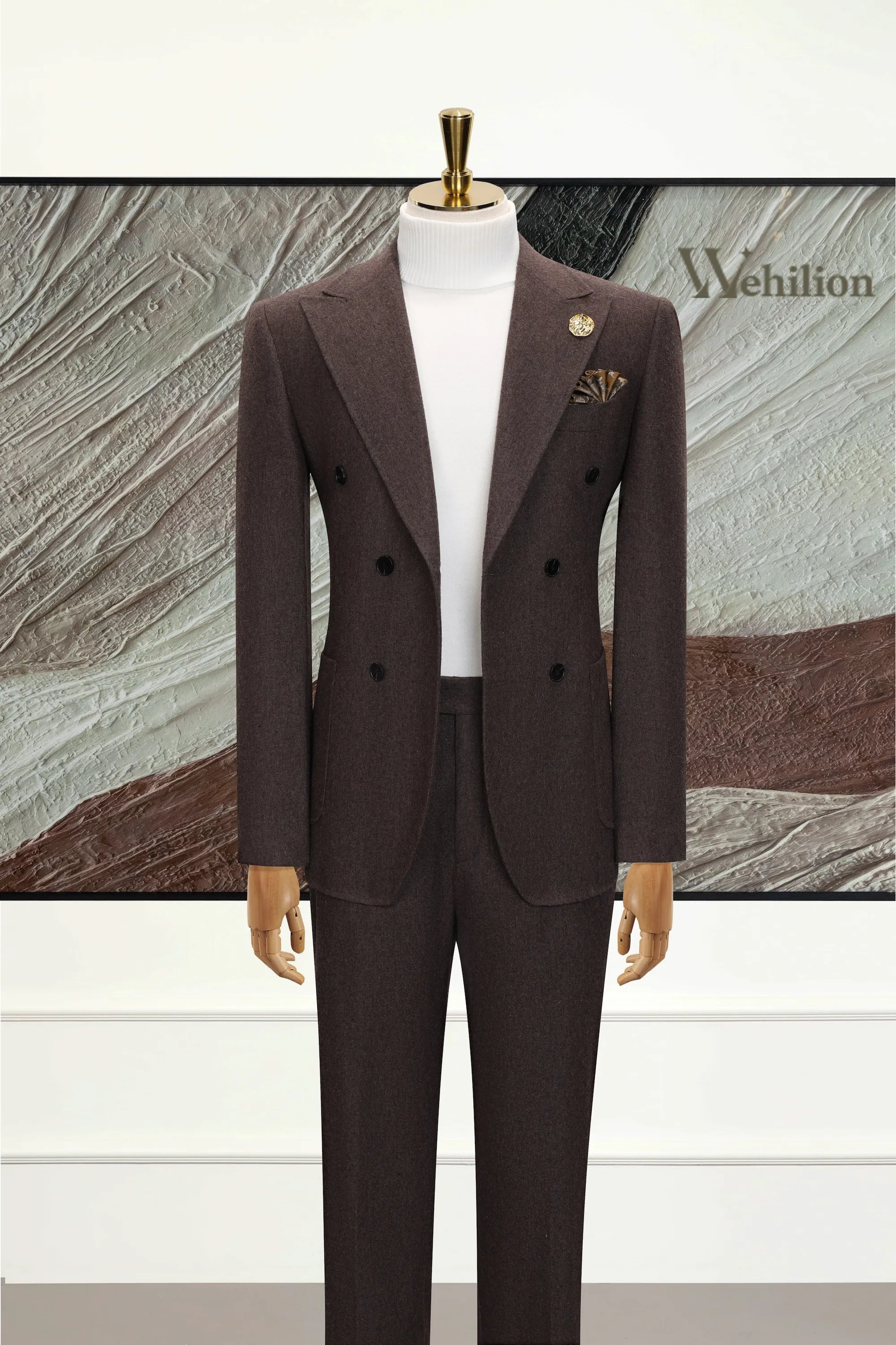 Men's Brown Double-breasted Woolen 2 Piece Suits