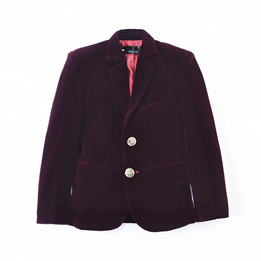 Burgundy boys single-breasted velvet blazer with gold buttons and notch lapel – formal jacket for weddings or school events.