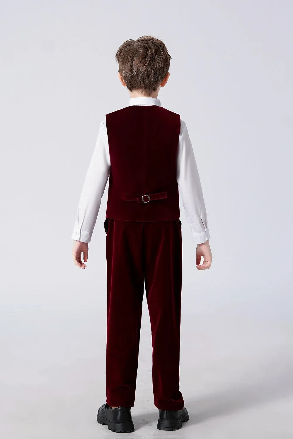 Rear view of burgundy boys' velvet vest and pants – adjustable fit for toddler or young boys' formalwear
