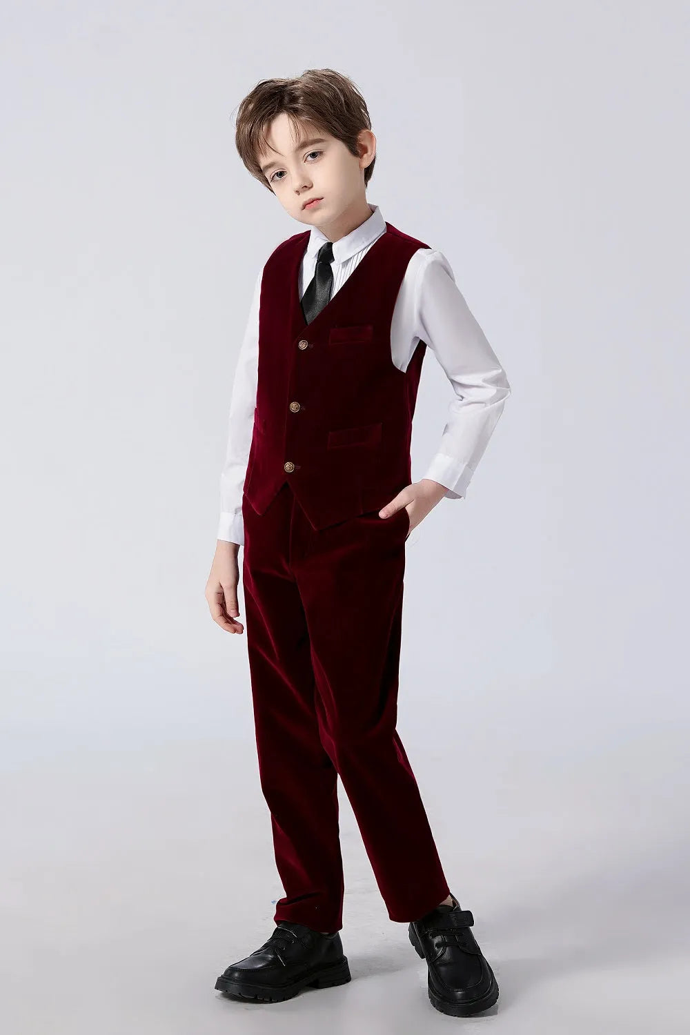 Little boys' burgundy velvet tuxedo with vest and trousers – elegant formalwear for birthdays or school events