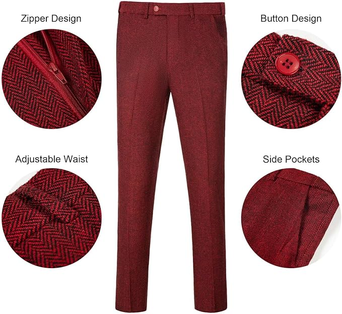 Formal burgundy men's pants with side pockets and adjustable waistband for tailored fit