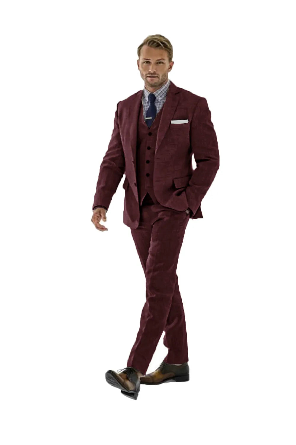 Full body view of men's burgundy 3 piece linen suit – slim fit blazer, vest and trousers styled with checkered shirt, tie and leather shoes, modern formal wedding and prom outfit
