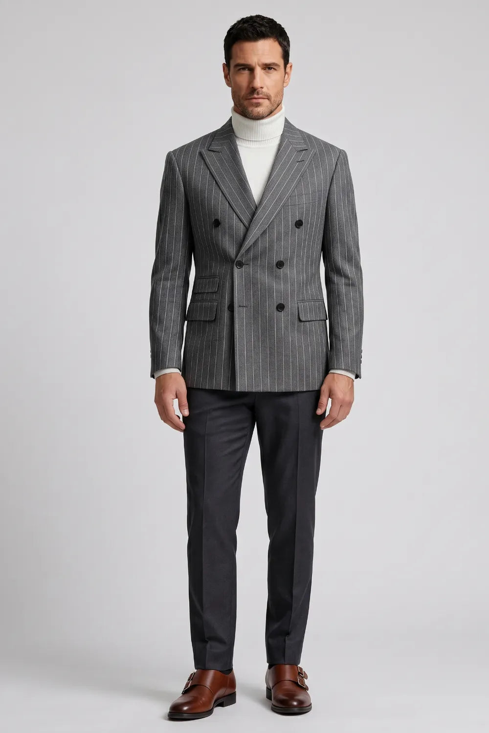 Men's Grey Pinstripe Double Breasted 2-Piece Suit