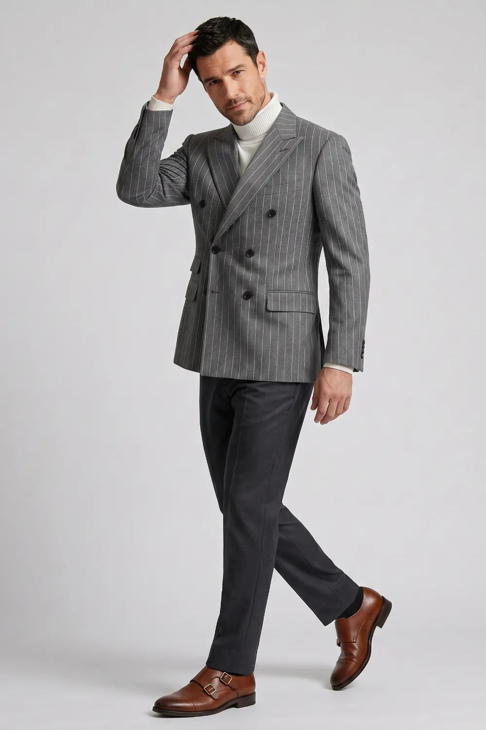 Men's Grey Pinstripe Double Breasted 2-Piece Suit