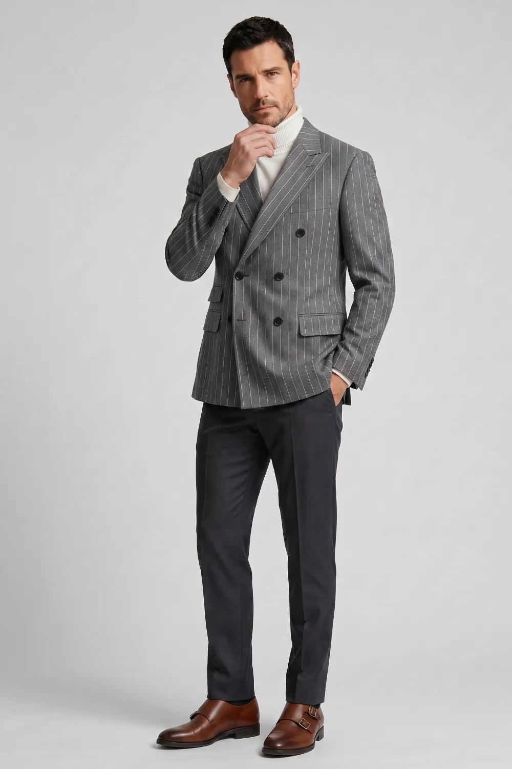 Men's Grey Pinstripe Double Breasted 2-Piece Suit