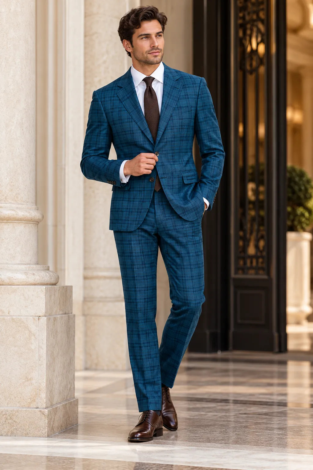 Men's Teal Plaid Single Breasted 2 Piece Suit