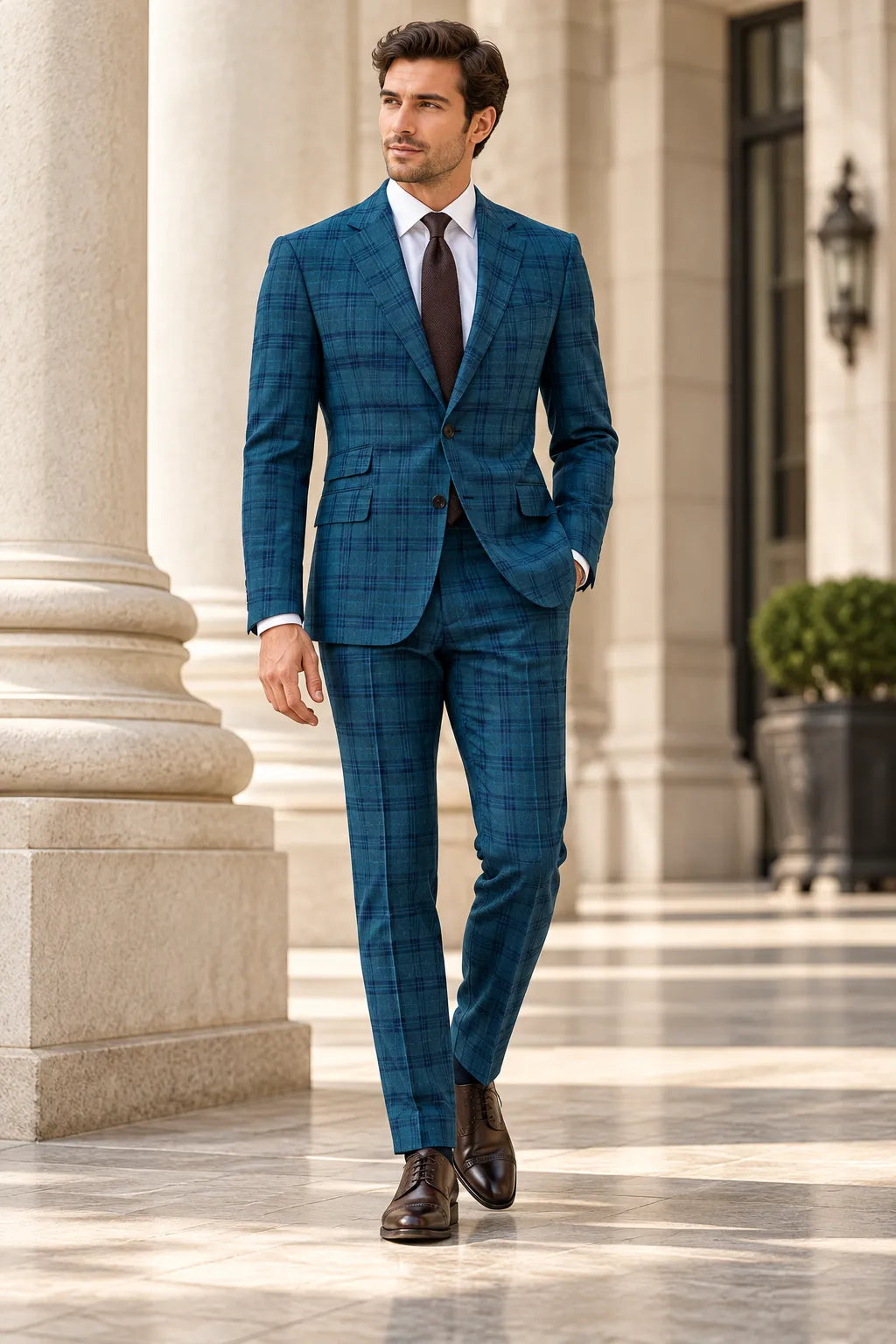 Men's Teal Plaid Single Breasted 2 Piece Suit