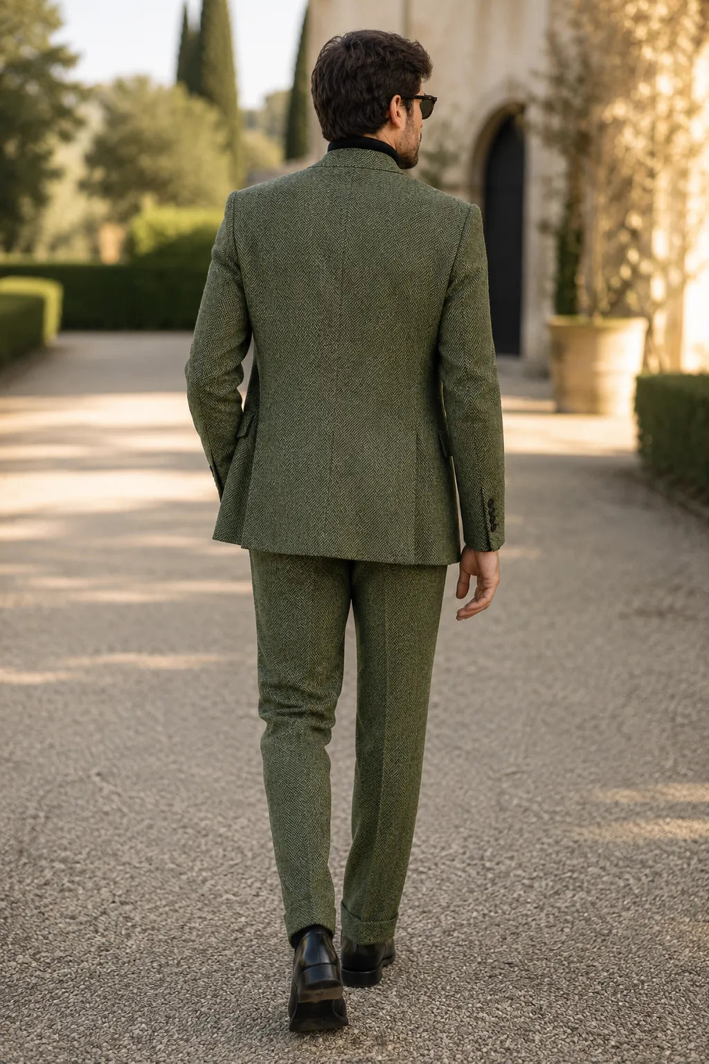 Men's Olive Herringbone Double Breasted 2 Piece Suit