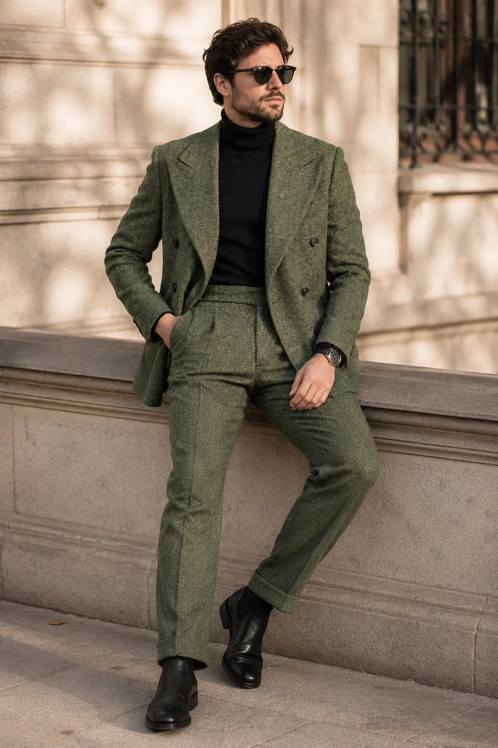 Men's Olive Herringbone Double Breasted 2 Piece Suit