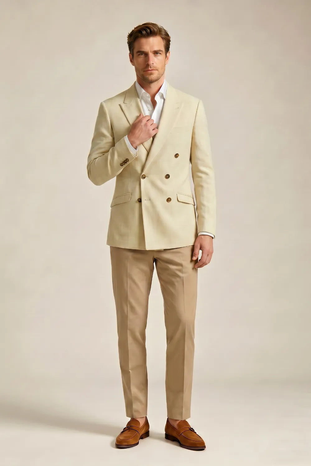 Men's Cream Double Breasted Peak Lapel 2-Piece Suit