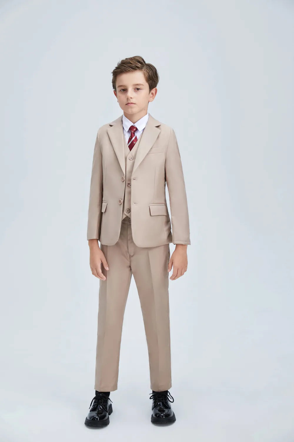 Champagne boys' classic 5-piece suit - formal prom outfit with vest & red tie