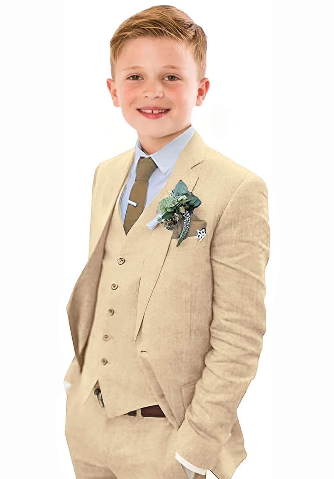 Champagne 3 piece boys linen suit with vest and jacket – breathable summer wedding outfit