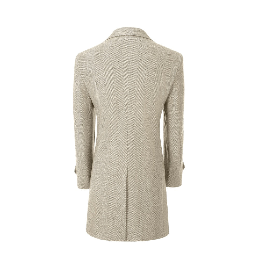 Champagne back view of long coat for men – tailored winter style