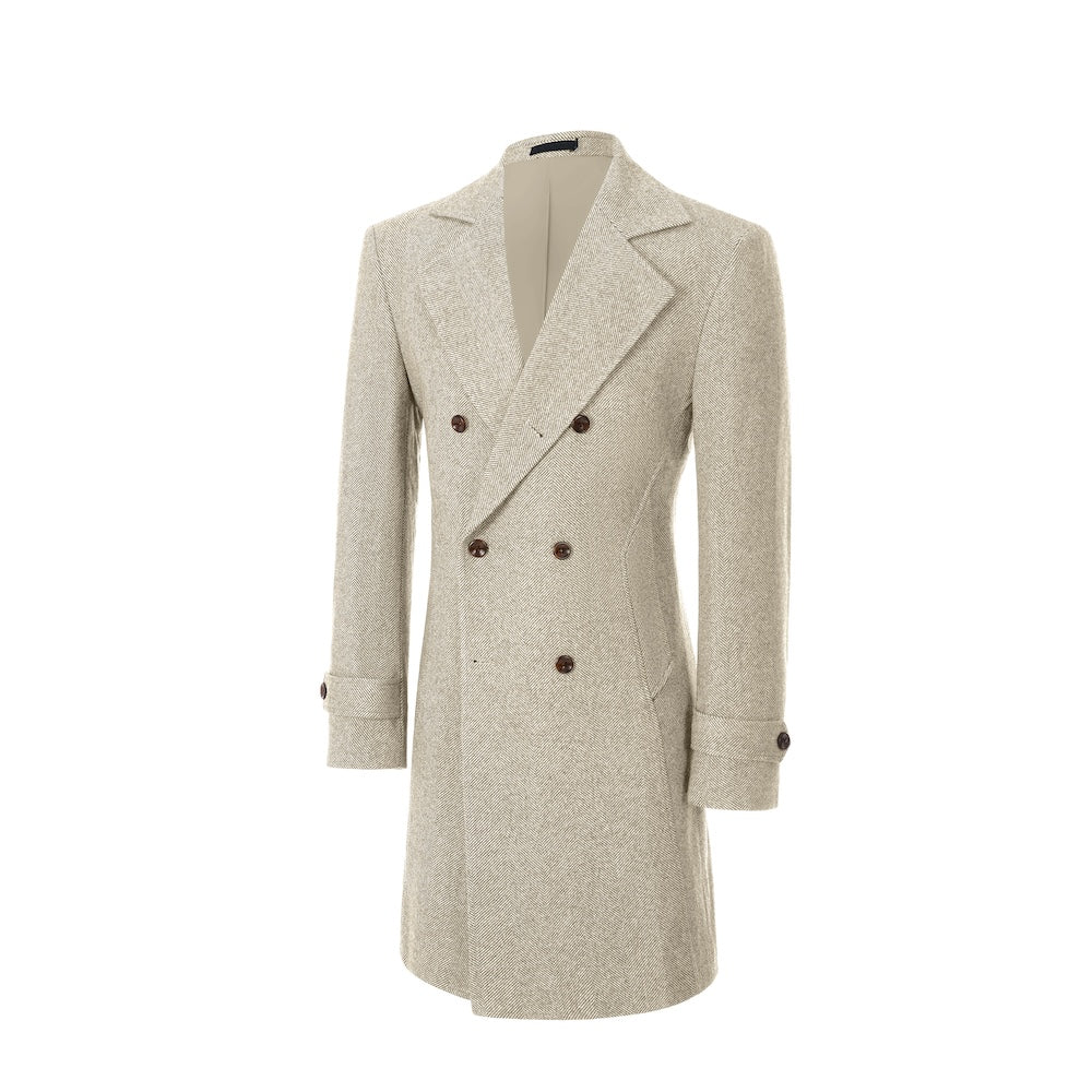 Champagne double-breasted outdoor coat for men – angled side view