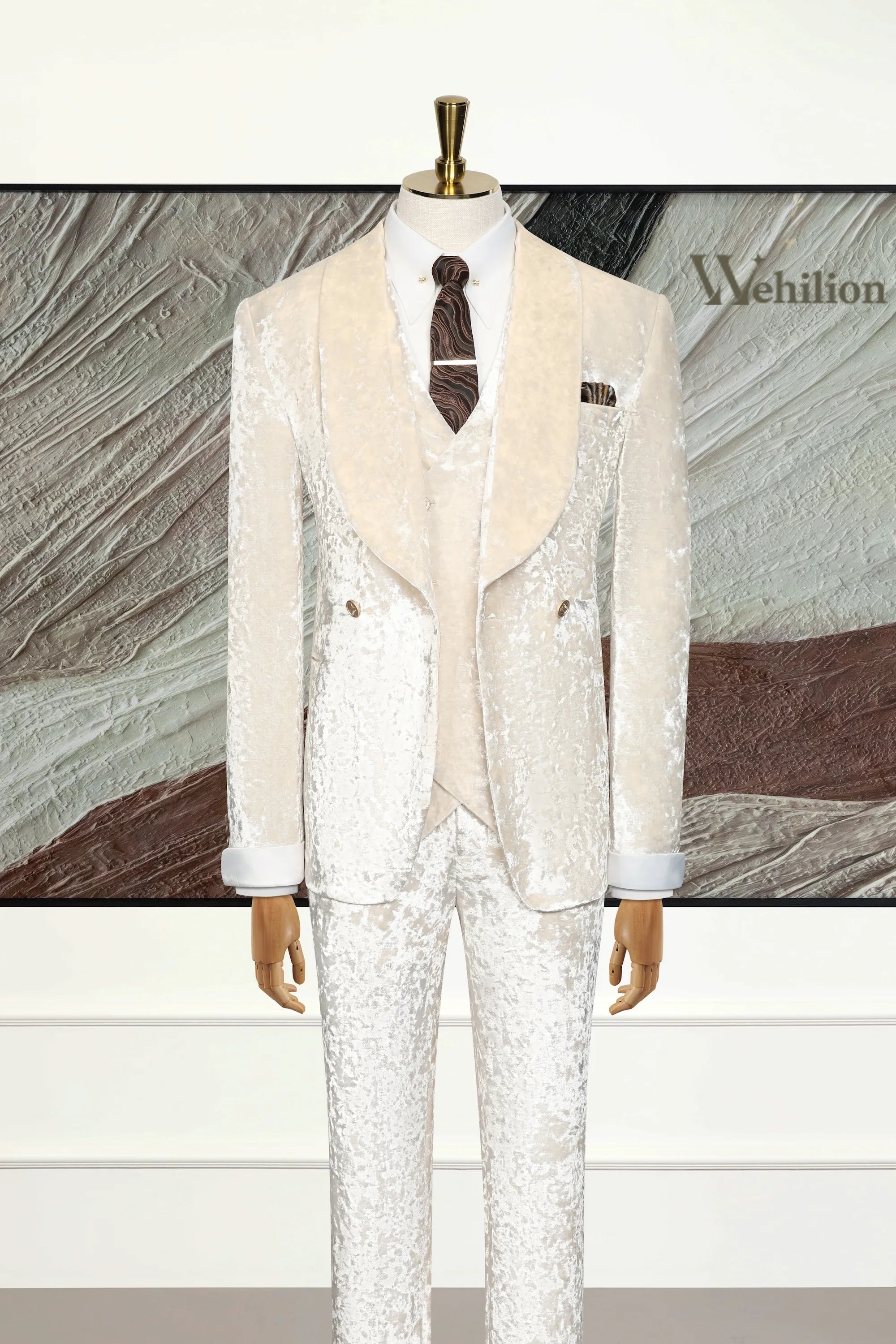 Men's Champagne Velvet Shawl Lapel 3 Piece Suit