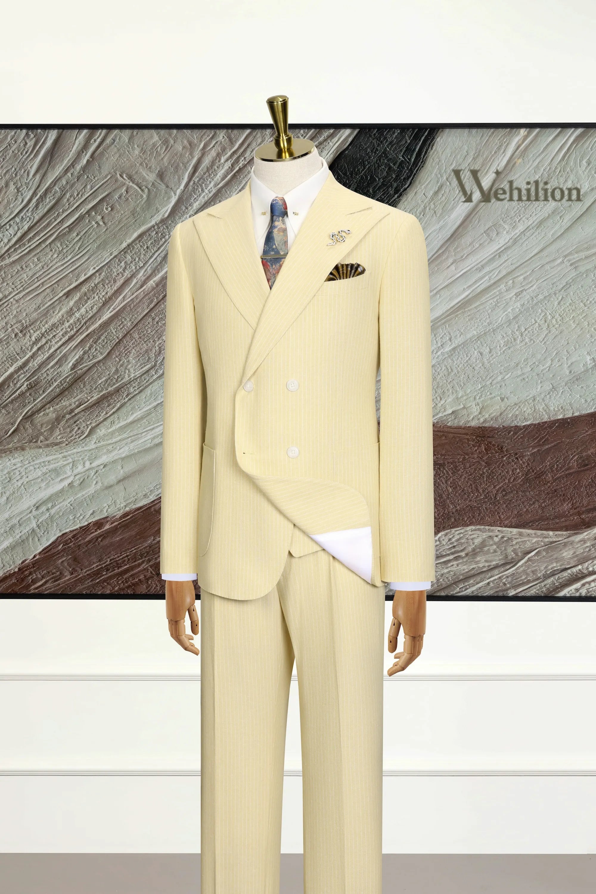 Men's Light Yellow Striped Linen 3 Piece Suits