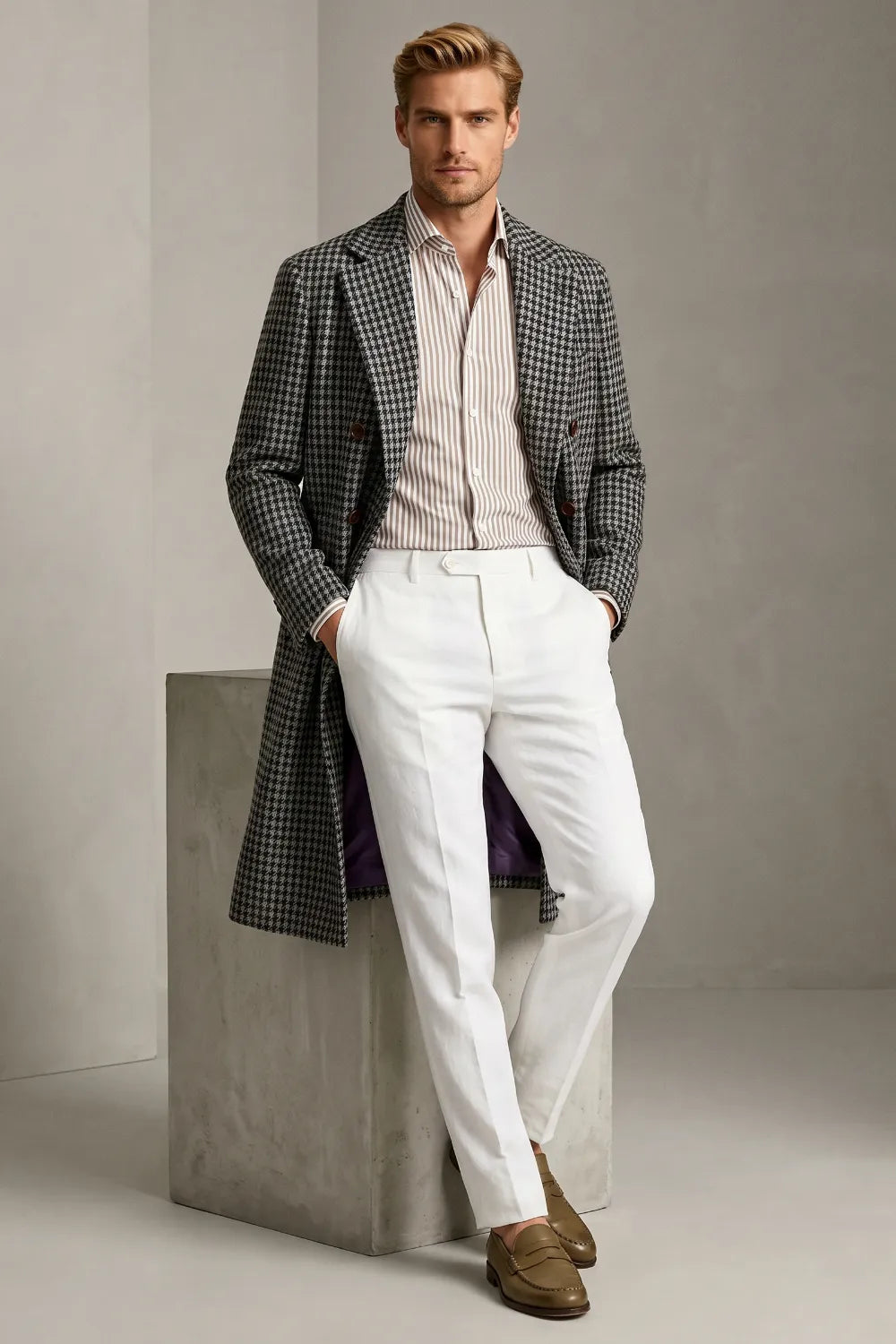 Men's Classic Houndstooth Double-Breasted Overcoat