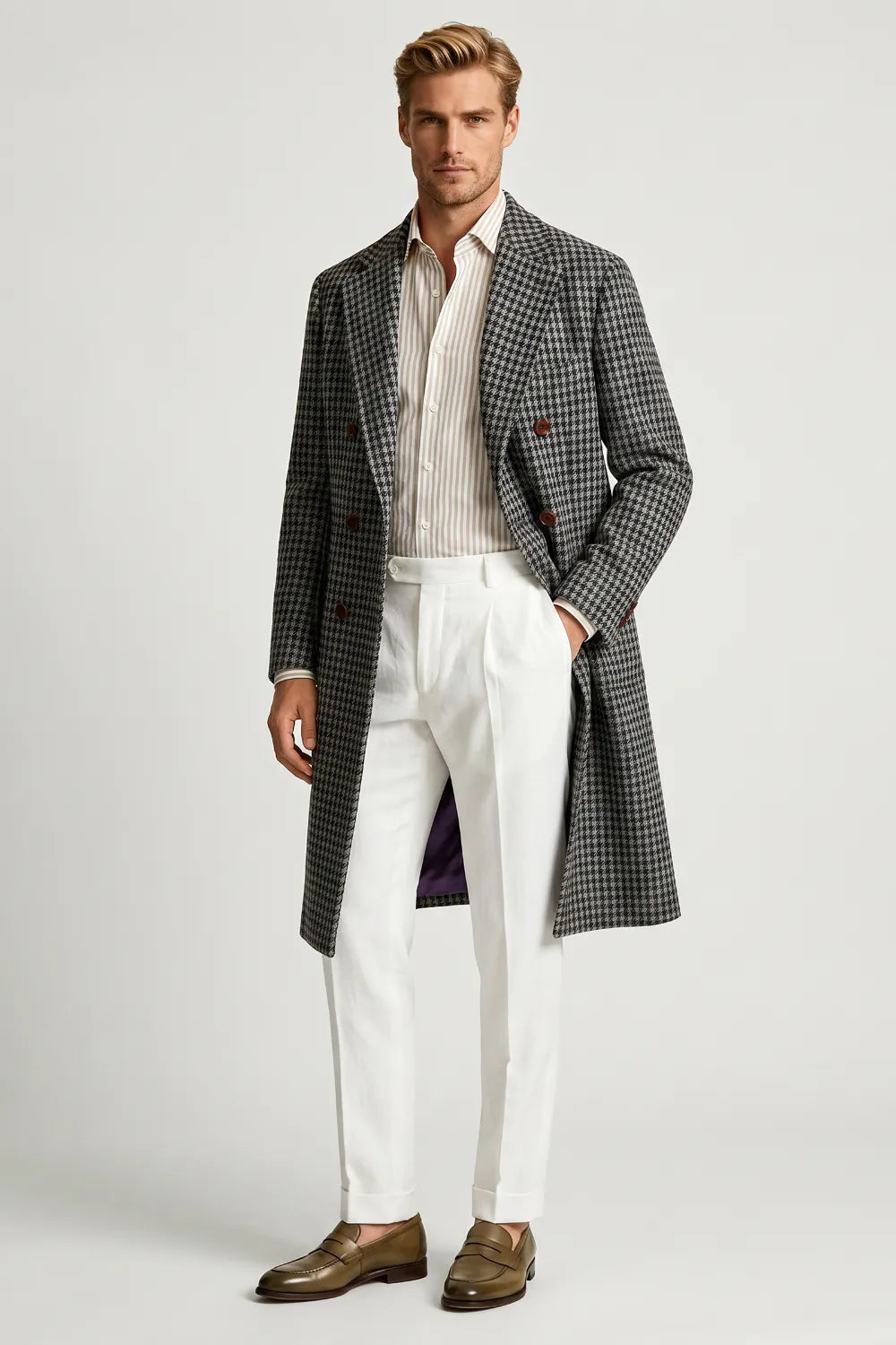 Men's Classic Houndstooth Double-Breasted Overcoat