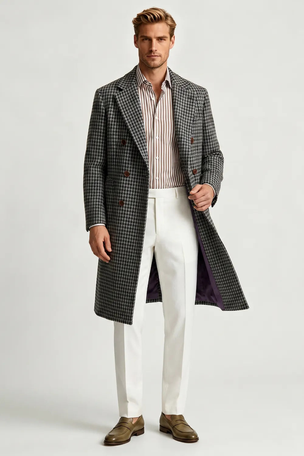Men's Classic Houndstooth Double-Breasted Overcoat