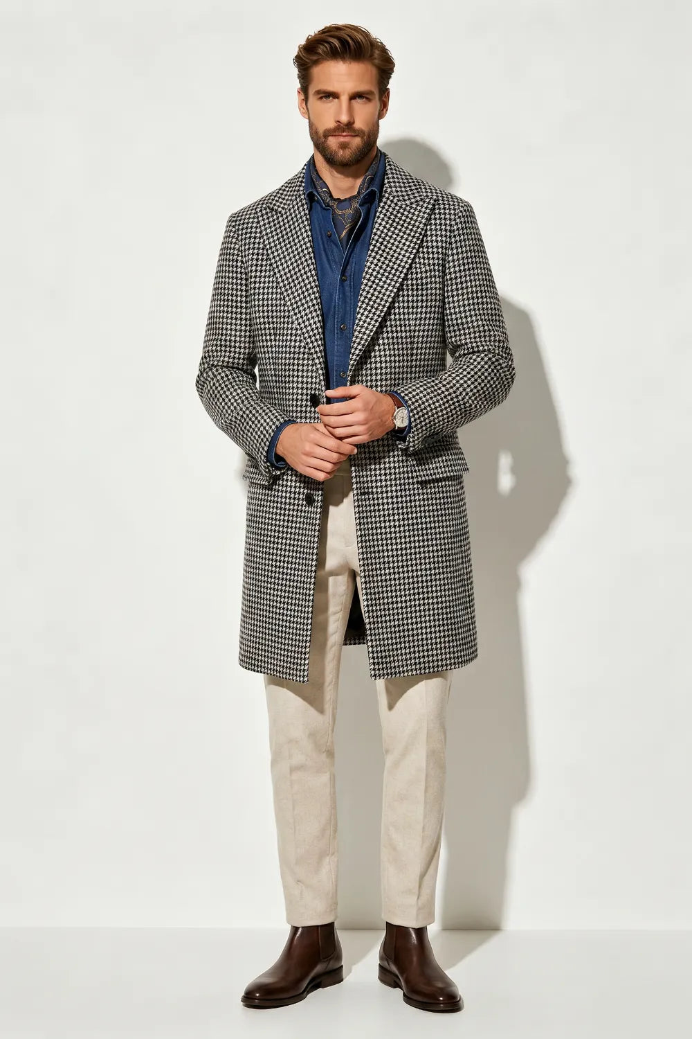 Men's Classic Houndstooth Single-Breasted Overcoat